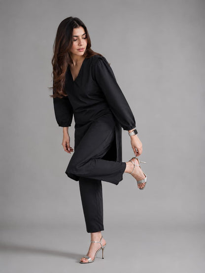 Midnight Black Linen Co-ord Set for Women | V-Neck Kurta & Straight Pants
