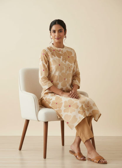 Floral Beige Cotton Kurti