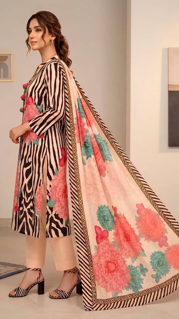 Black and Cream Zebra Print Kurta Set with Floral Motifs