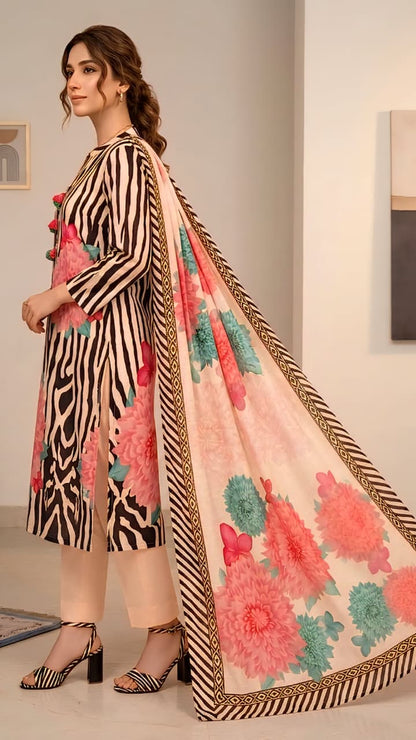 Black and Cream Zebra Print Kurta Set with Floral Motifs