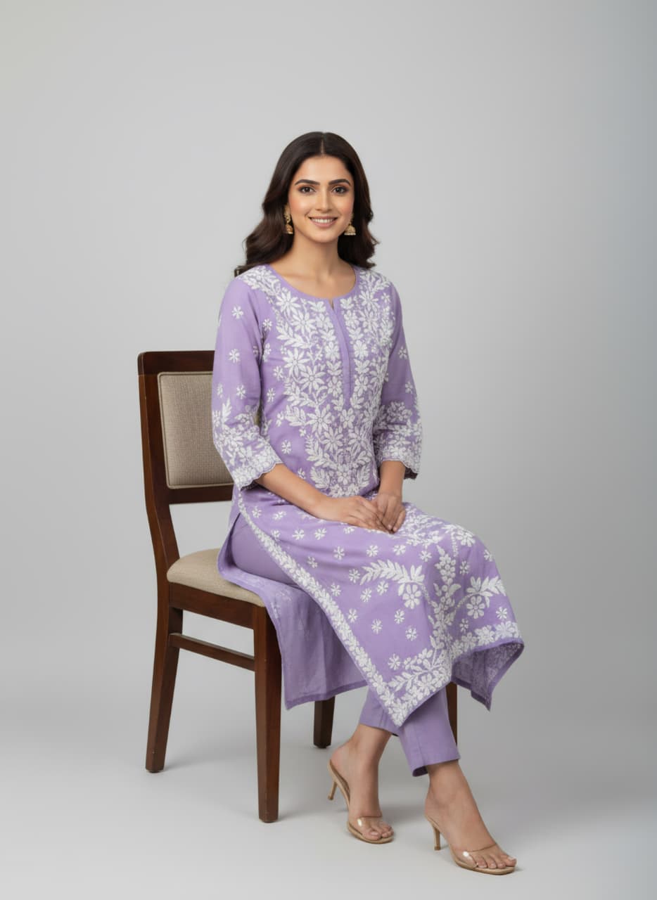 Lucknowi Chikankari Kurti for Women | Lavender Cotton Hand-Embroidered Floral Long Kurti (Copy) (Copy) (Copy)