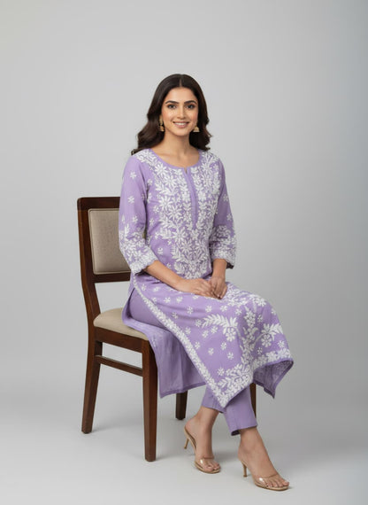 Lucknowi Chikankari Kurti for Women | Lavender Cotton Hand-Embroidered Floral Long Kurti (Copy) (Copy) (Copy)