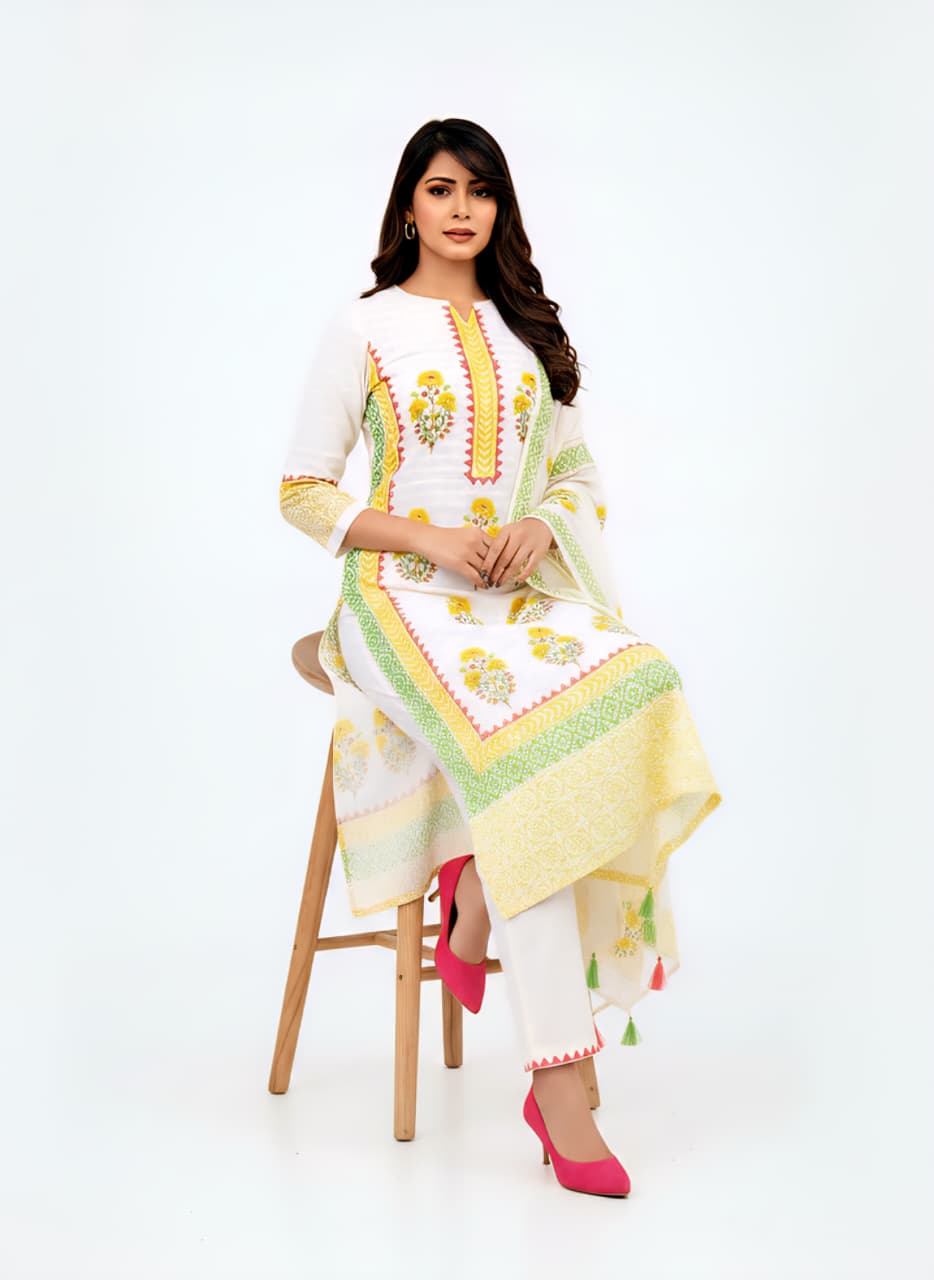 Elegant Ivory & Marigold Floral Cotton Kurta Pant Set with Matching Dupatta
