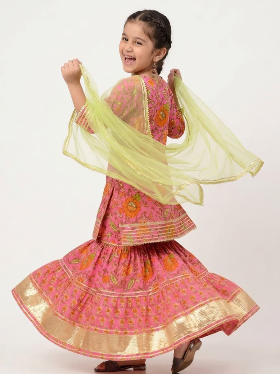Girls Pink Floral Printed Lehenga Choli with Dupatta | Festive Ethnic Wear