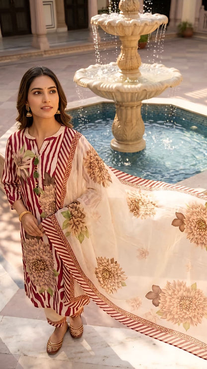 Maroon and Cream Zebra Print Kurta Set with Floral Motifs