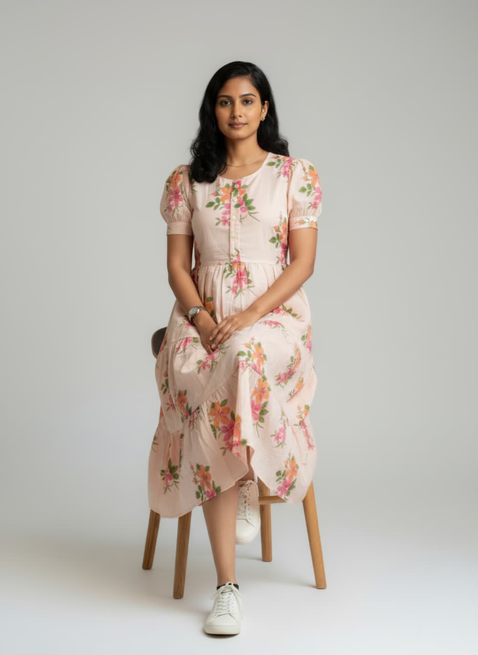 Women's Peach Floral Cotton Tiered Midi Dress