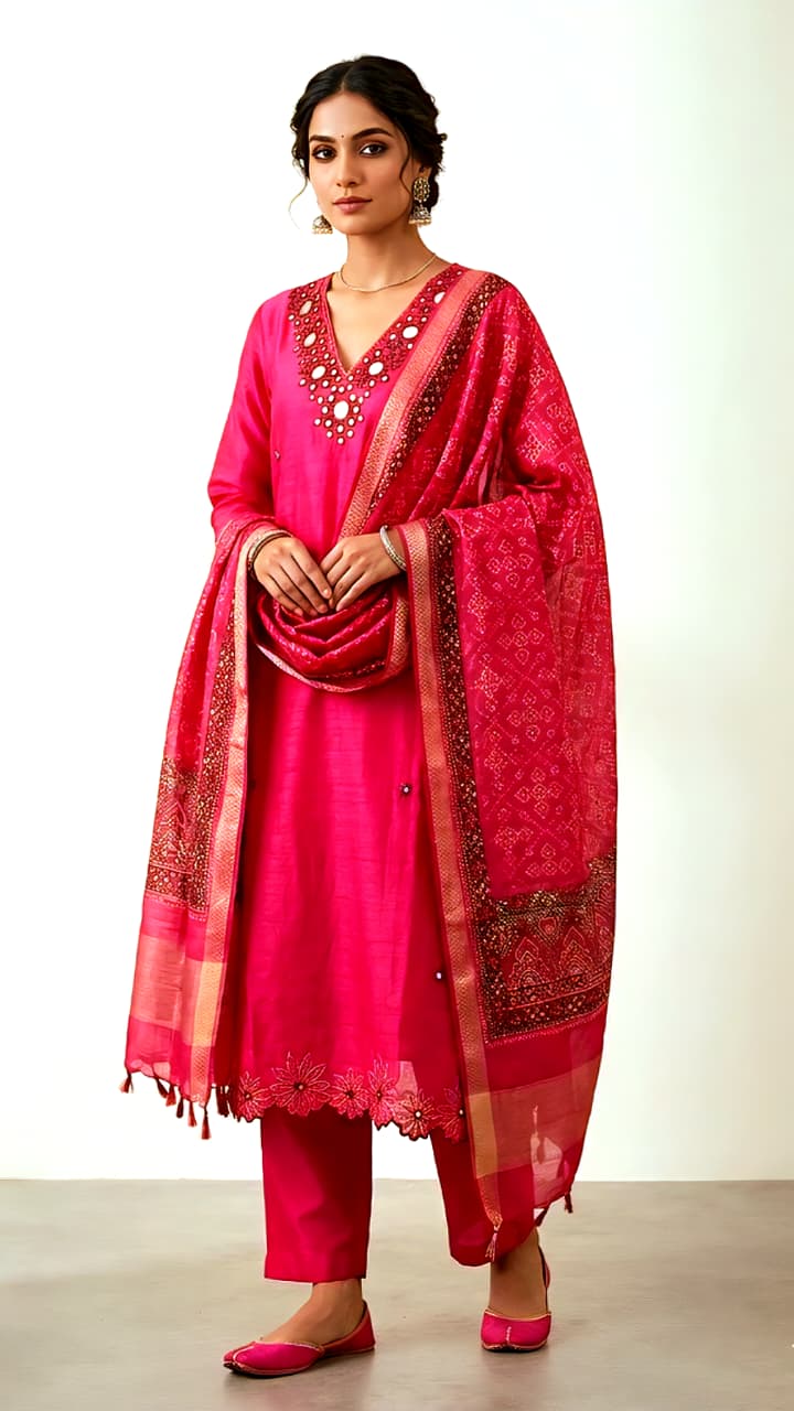 Fuchsia Silk Blend Straight Kurta Set with Mirror-Work Yoke & Bandhani Dupatta