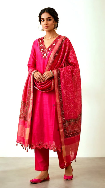 Fuchsia Silk Blend Straight Kurta Set with Mirror-Work Yoke & Bandhani Dupatta