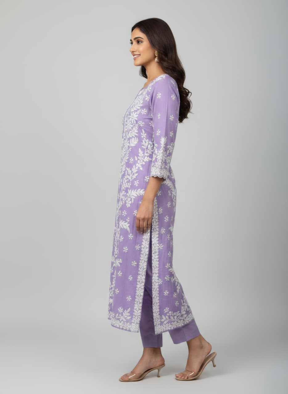 Lucknowi Chikankari Kurti for Women | Lavender Cotton Hand-Embroidered Floral Long Kurti (Copy) (Copy) (Copy)