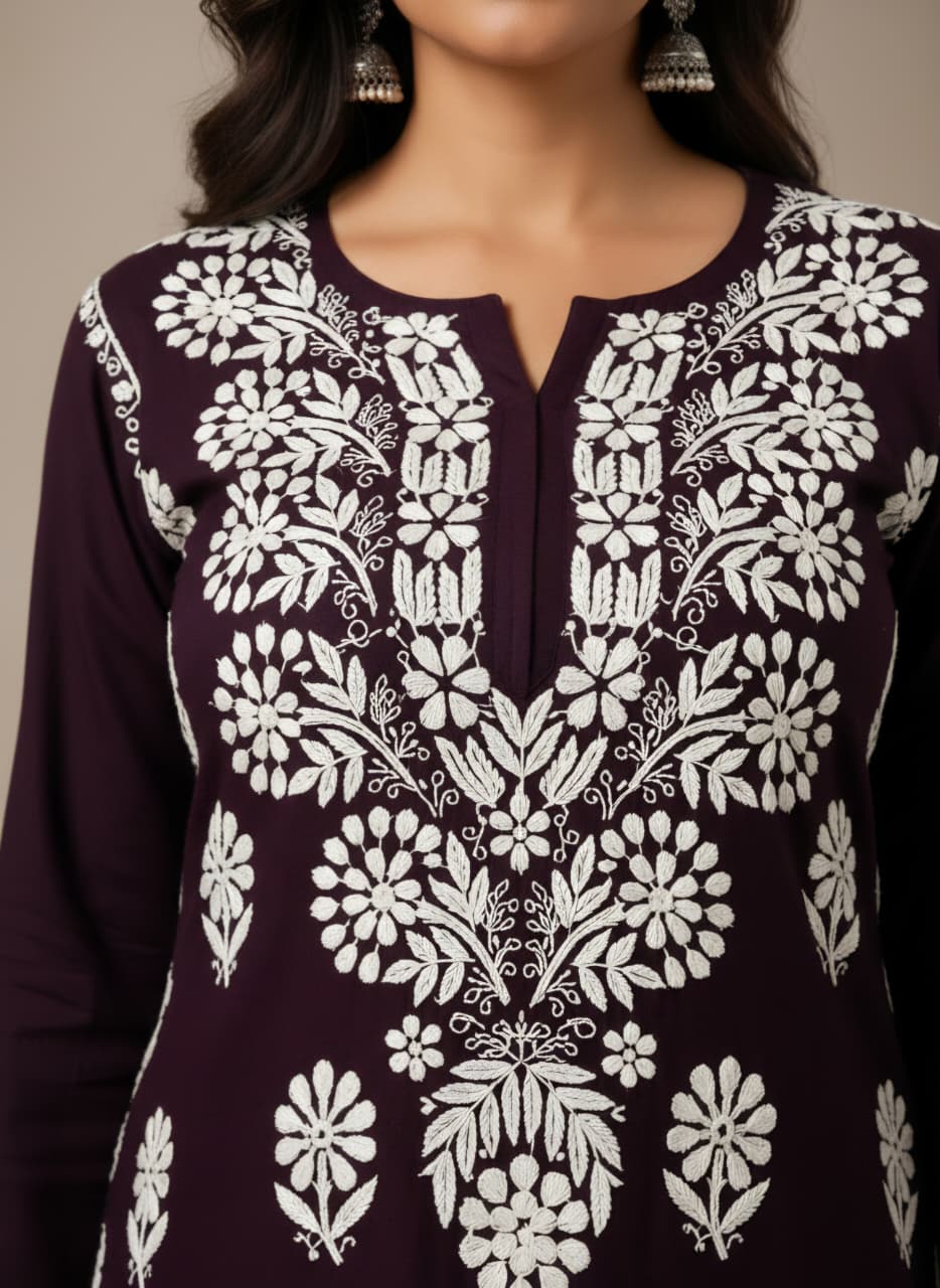 Lucknowi Chikankari Kurti for Women | Brown Cotton Hand-Embroidered Floral Long Kurti