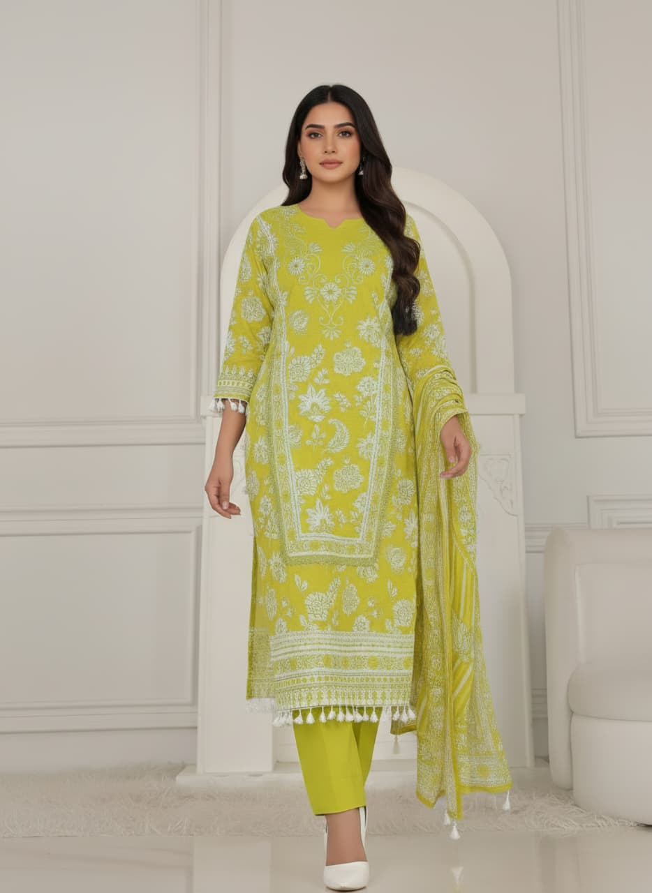 Vibrant Lime Green Embroidered Kurti Set with Dupatta