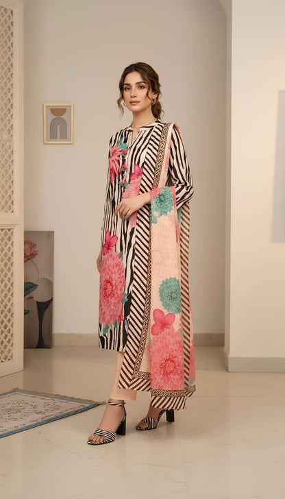 Black and Cream Zebra Print Kurta Set with Floral Motifs