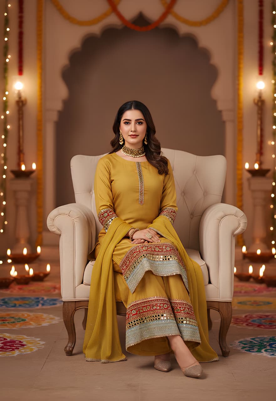 Radiant Mustard Yellow Embroidered Palazzo Suit Set