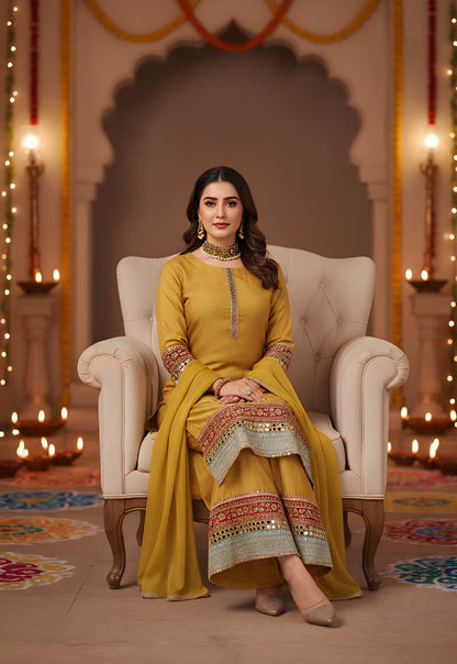 Radiant Mustard Yellow Embroidered Palazzo Suit Set