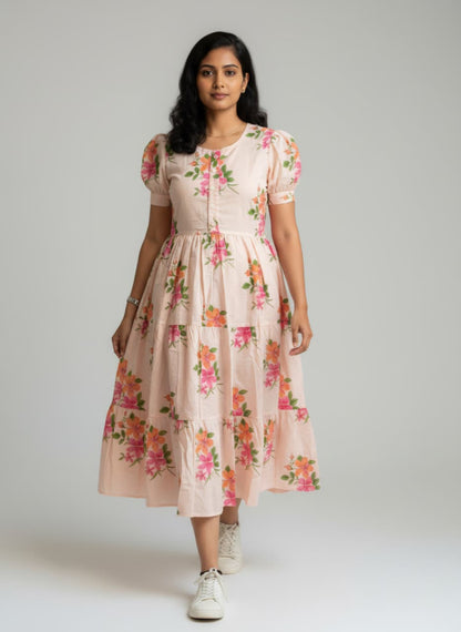 Women's Peach Floral Cotton Tiered Midi Dress