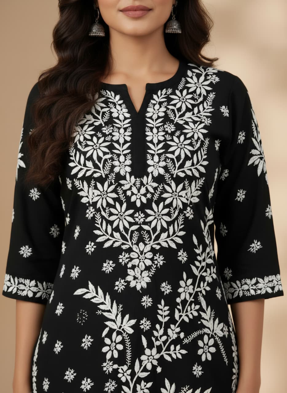 Lucknowi Chikankari Kurti for Women | Black Cotton Hand-Embroidered Floral Long Kurti