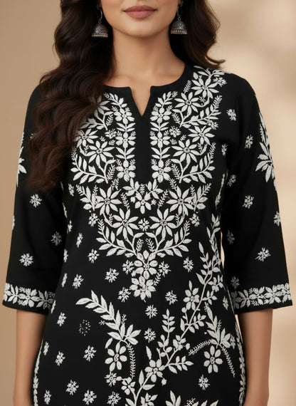 Lucknowi Chikankari Kurti for Women | Black Cotton Hand-Embroidered Floral Long Kurti