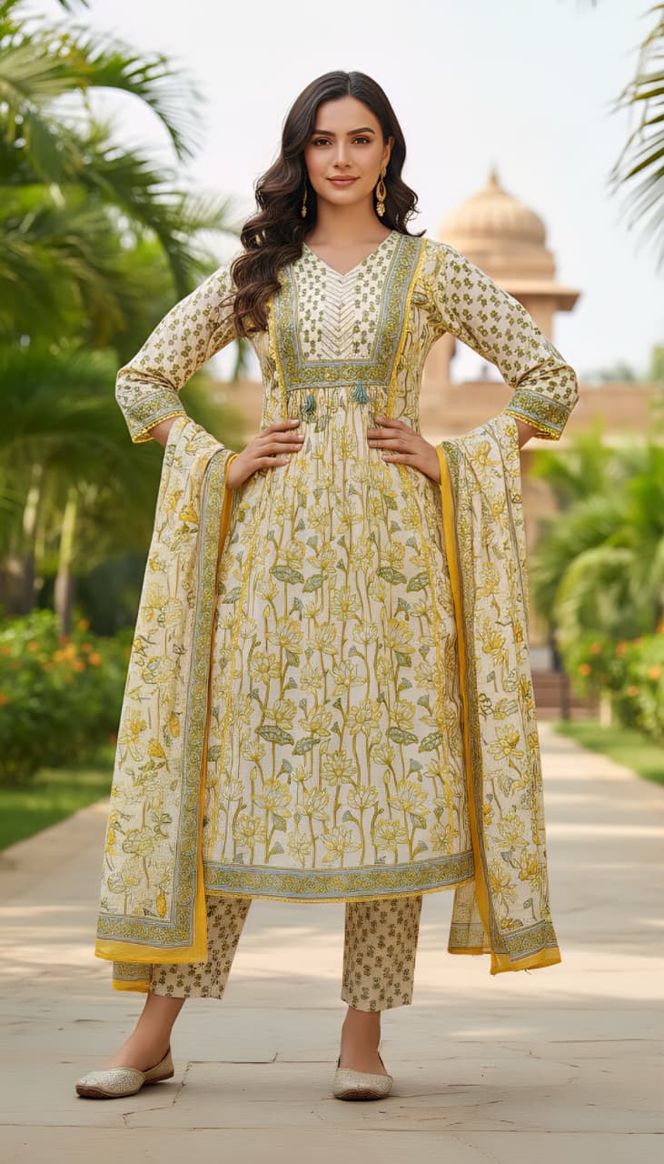 Elegant Floral Printed Cotton Anarkali Kurta Set with Trousers & Dupatta