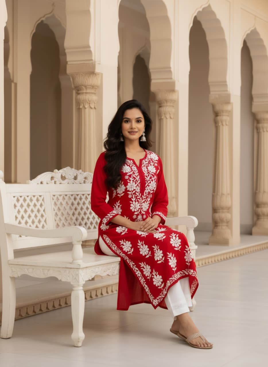 Lucknowi Chikankari Kurti for Women | Red Cotton Hand-Embroidered Floral Long Kurti (Copy) (Copy)