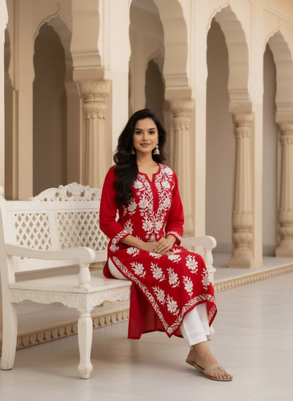 Lucknowi Chikankari Kurti for Women | Red Cotton Hand-Embroidered Floral Long Kurti (Copy) (Copy)