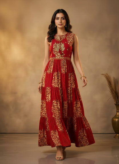Elegant Crimson & Gold Tiered Anarkali Gown
