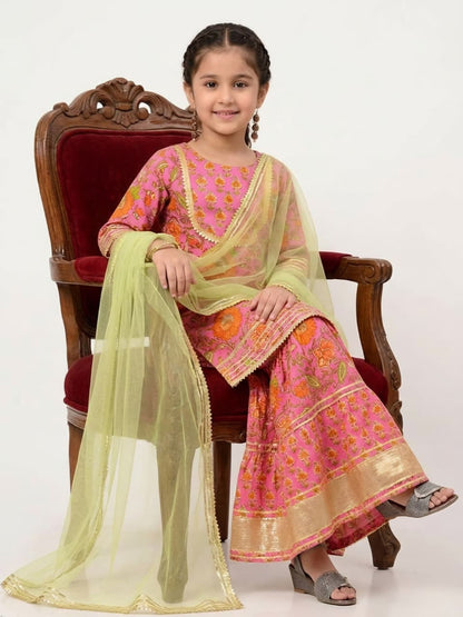 Girls Pink Floral Printed Lehenga Choli with Dupatta | Festive Ethnic Wear