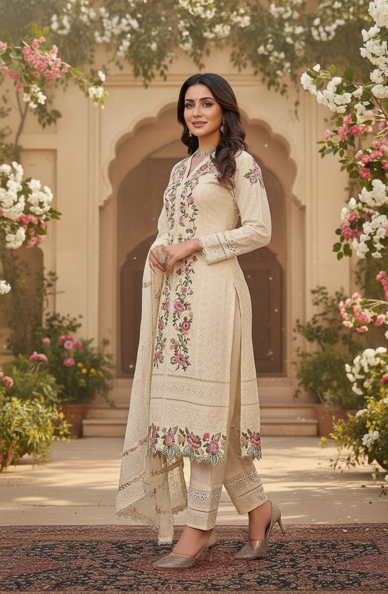 Elegant Off-White Floral Embroidered Pakistani Salwar Suit Set