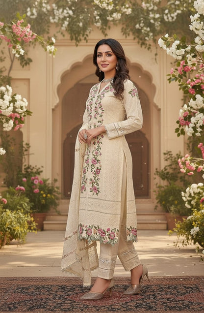Elegant Off-White Floral Embroidered Pakistani Salwar Suit Set