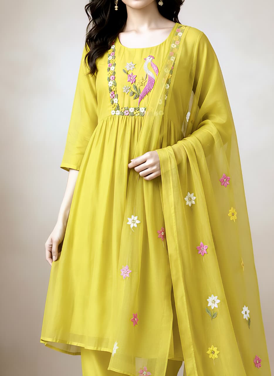 Elegant Young Olive Green Embroidered Anarkali Salwar Suit Set