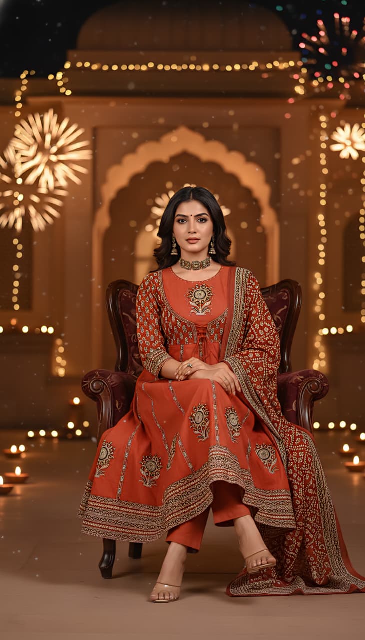Rust Orange Embroidered Angrakha Style Anarkali Set with Bandhani Print Dupatta