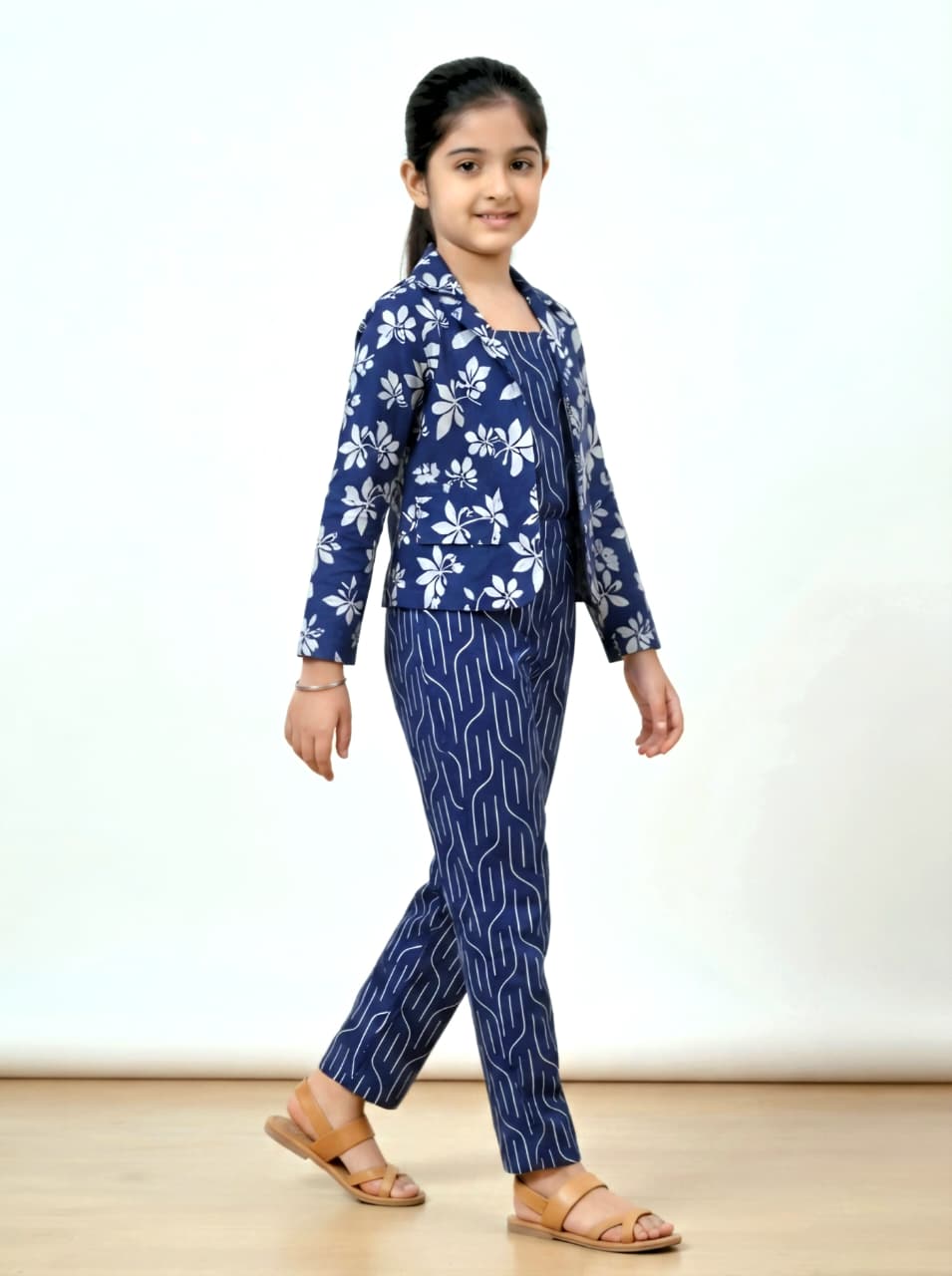 Girls 3-Piece Printed Co-Ord Set with Jacket | Premium Cotton Top, Pant & Jacket Set | Navy Blue