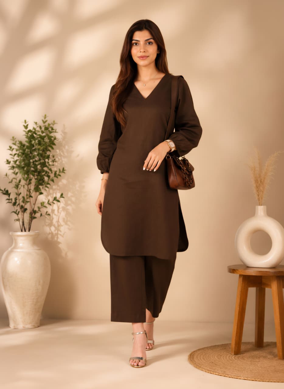 Mocha Brown Linen Co-ord Set for Women | V-Neck Kurta & Straight Pants