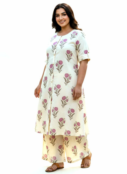 Ivory Floral Printed Cotton Plus Size Co-Ord Set for Women | 3XL-6XL