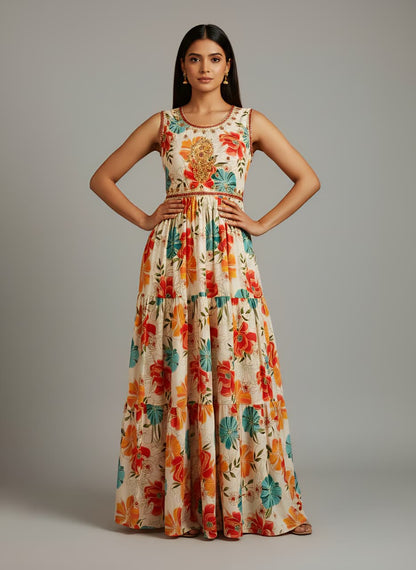 Ivory Floral Tiered Gown