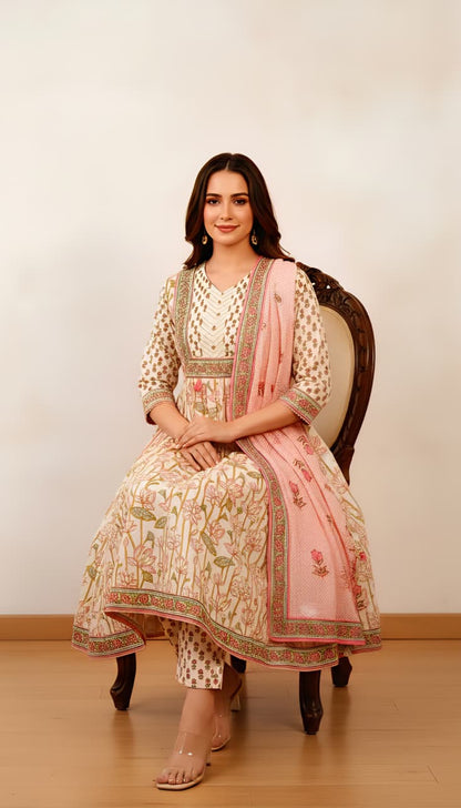Off-White & Pink Floral Printed Cotton Anarkali Suit Set