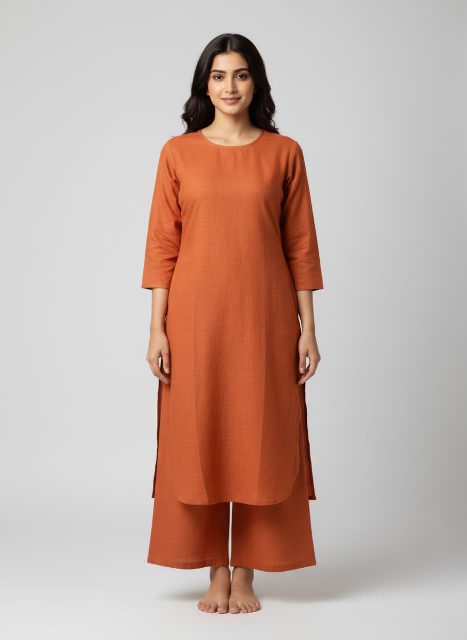 Rust Orange Linen Co-ord Set for Women | Straight Kurta & Wide-Leg Pants