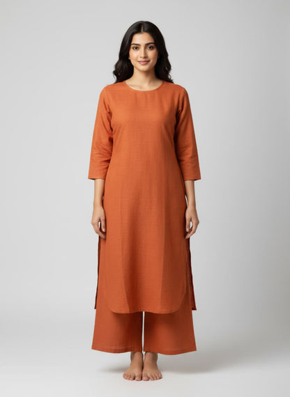 Rust Orange Linen Co-ord Set for Women | Straight Kurta & Wide-Leg Pants