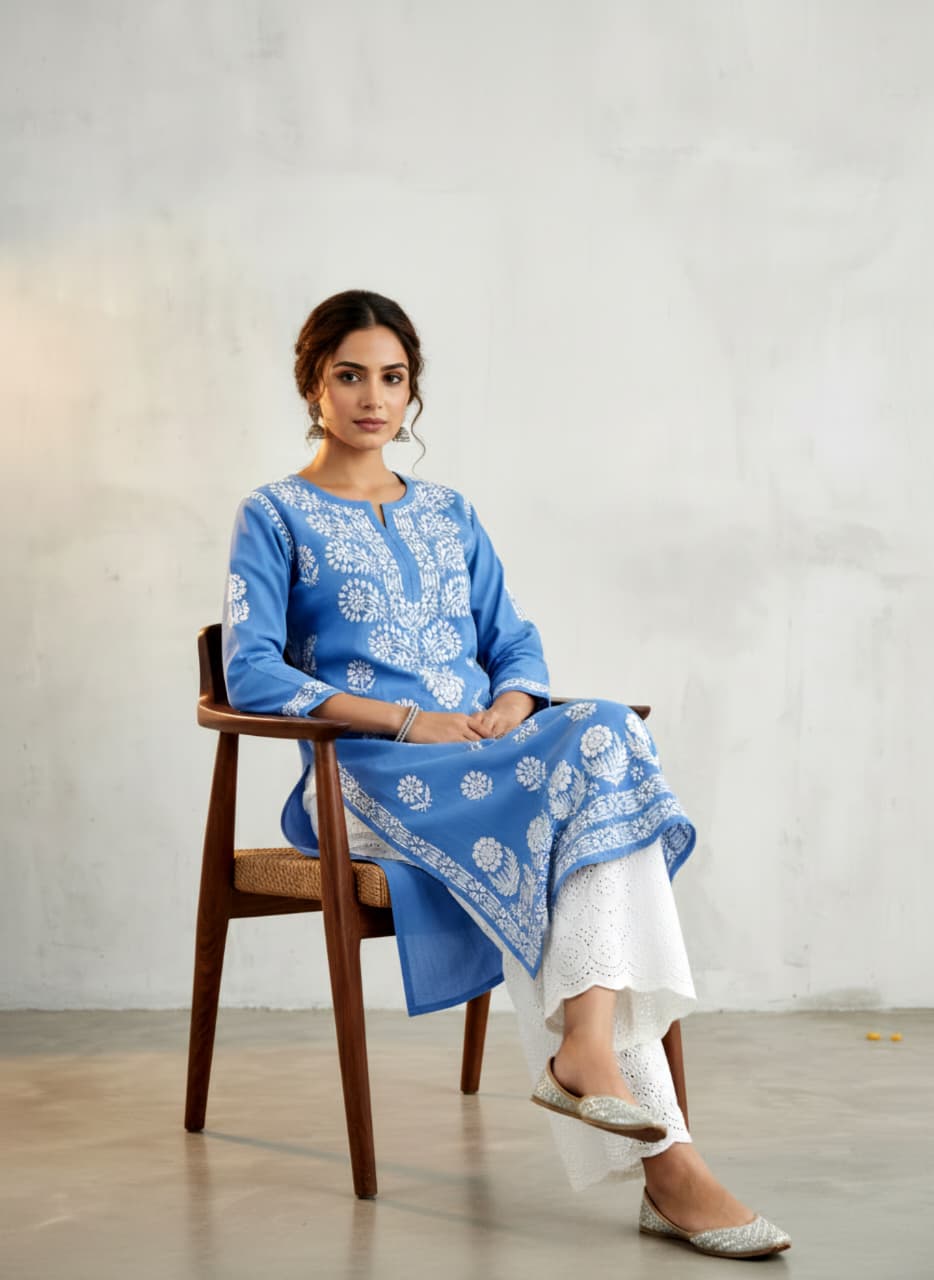 Lucknowi Chikankari Kurti for Women | Blue Cotton Hand-Embroidered Floral Long Kurti