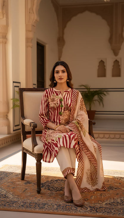 Maroon and Cream Zebra Print Kurta Set with Floral Motifs