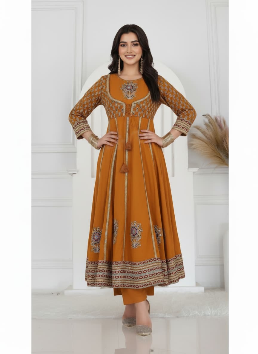 Mustard Embroidered Anarkali Set