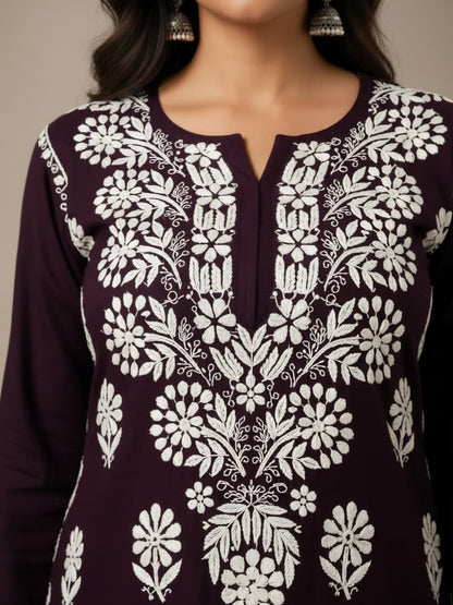 Lucknowi Chikankari Kurti for Women | Dark Brown Cotton Hand-Embroidered Floral Long Kurti