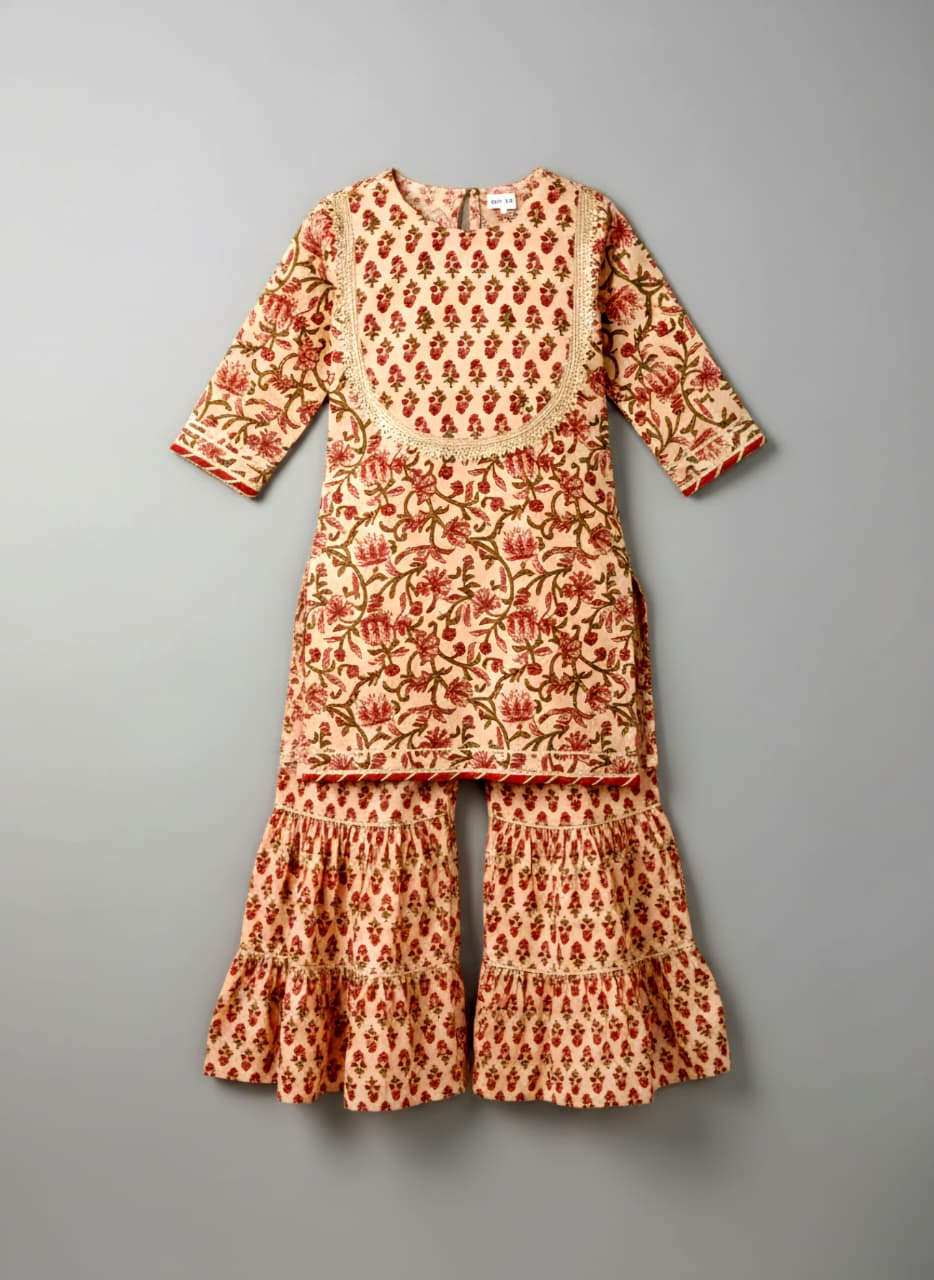 Girls Floral Printed Kurta with Sharara Set | Premium Cotton Ethnic Wear | Beige & Rust