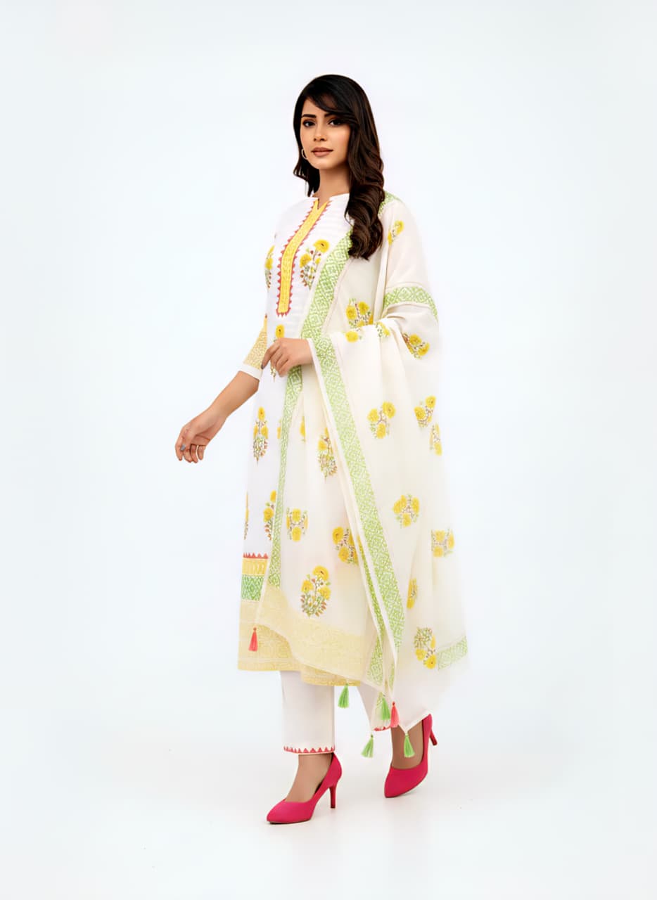 Elegant Ivory & Marigold Floral Cotton Kurta Pant Set with Matching Dupatta