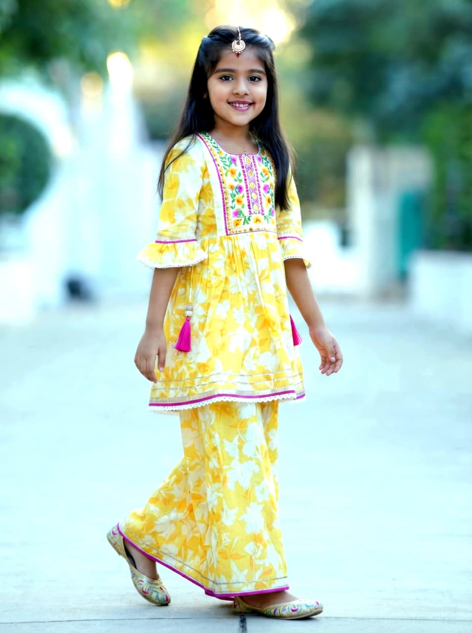 Girls Yellow Floral Kurta Sharara Set | Festive Ethnic Wear