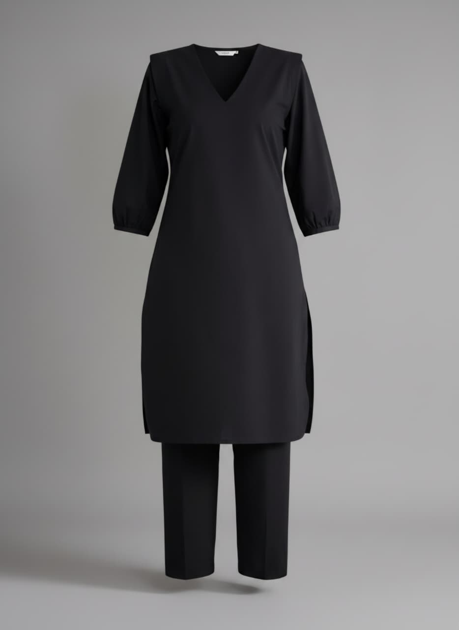 Midnight Black Linen Co-ord Set for Women | V-Neck Kurta & Straight Pants