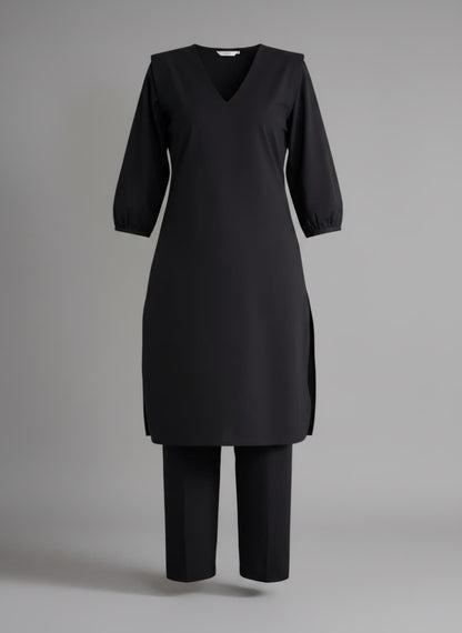 Midnight Black Linen Co-ord Set for Women | V-Neck Kurta & Straight Pants