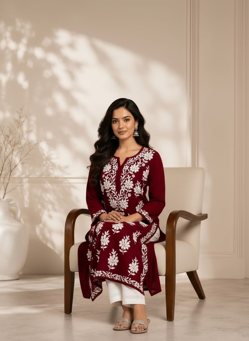 Lucknowi Chikankari Kurti for Women | Maroon Cotton Hand-Embroidered Floral Long Kurti (Copy)