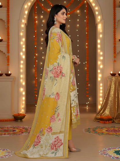 Elegant Floral Mustard & Cream Three-Piece Suit