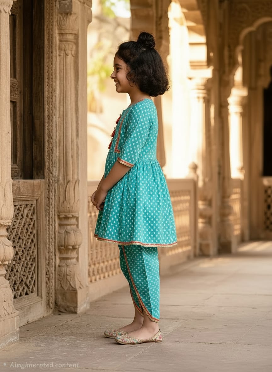 Premium Cotton Kurta & Dhoti Pant Set for Girls – Turquoise Ethnic Wear