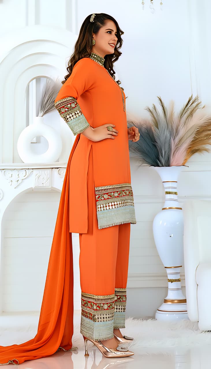 Orange Embroidered Straight Kurta Set with Palazzo